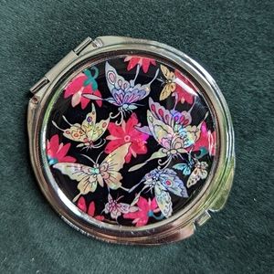 Pink Butterfly Compact Mirror w. Mother of Pearl Inlay